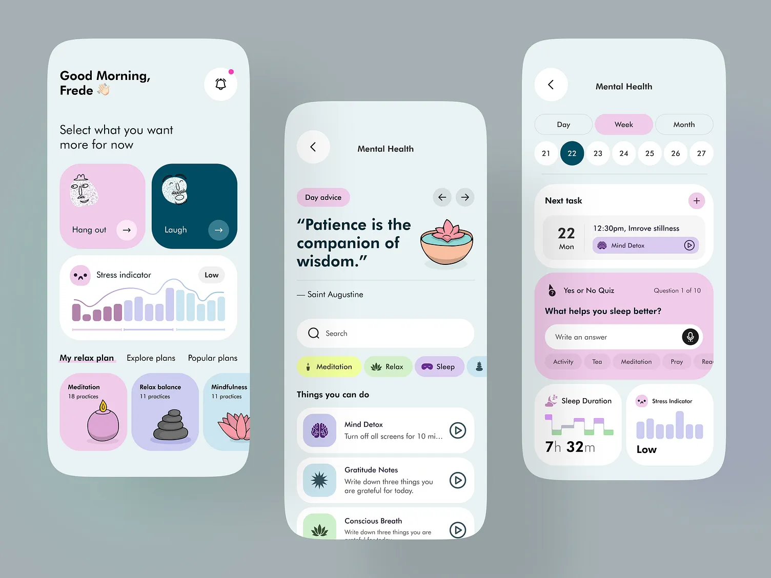 wello app screens: medication schedule, lab-report library with plain-language summaries, and the shared care activity feed.